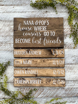 Wood Sign | Nana and Pops House Where Cousins Go To Become Best Friends | Customizable Grandparents Names
