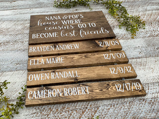 Wood Sign | Nana and Pops House Where Cousins Go To Become Best Friends | Customizable Grandparents Names
